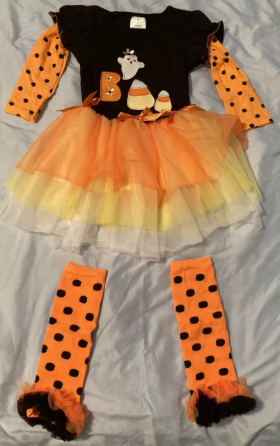 NIP Toddler Girls Halloween Pumpkin Long Sleeves Tutu Dress, Leg Warmers Sz. XS