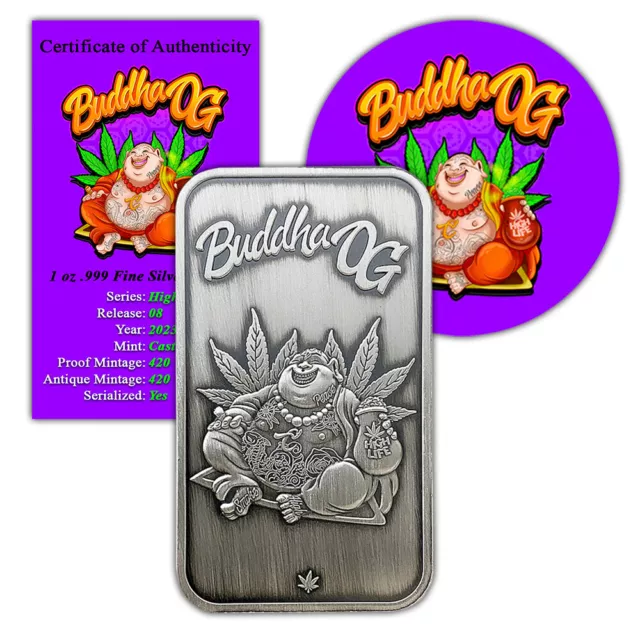 Buddha OG Antiqued 1 oz .999 Fine Silver Art Bar High Life Castronomics