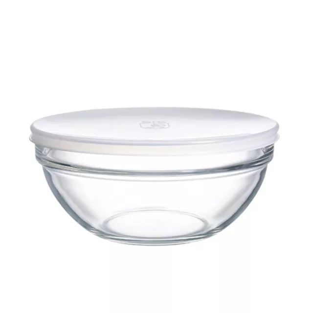 Salad Bowl Round Glass With White Lid Clear Dishwasher Safe Microwave Safe 20cm