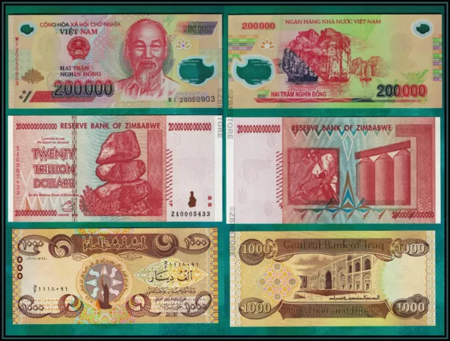 20 Trillion Dollars Zimbabwe, 1000 Dinars Iraq, 200000 Dong Vietnam UNC Currency