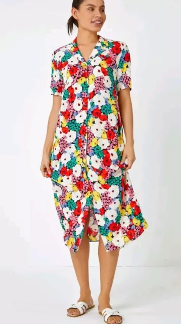 Dusk Ladies Floral Multicoloured Midi Shirt Dress Size 14 Bnnt Not Worn