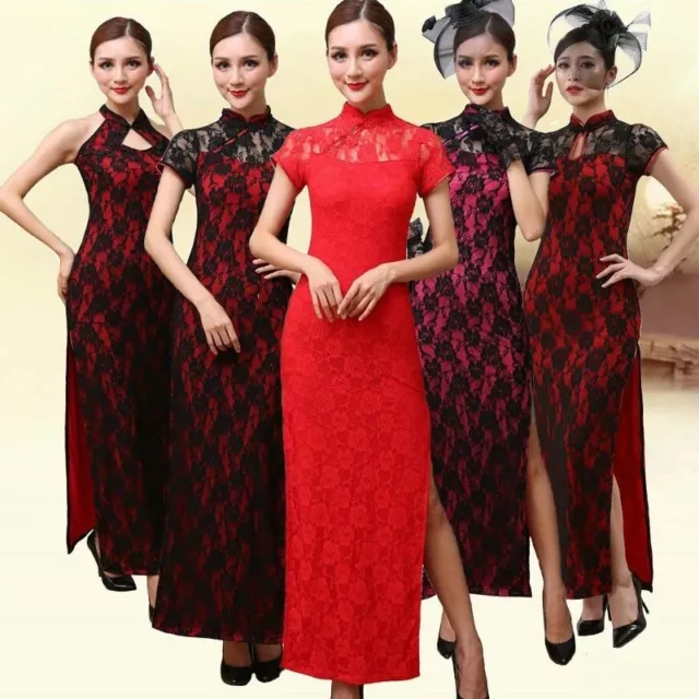 femmes Sexy chinois dentelle fleur col Mao ethnique Qipao robe longue vintage
