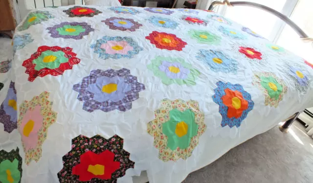 81"x112" GRANDMOTHER'S FLOWER GARDEN Hand Pieced QUILT TOP ONLY vintage ANTIQUE