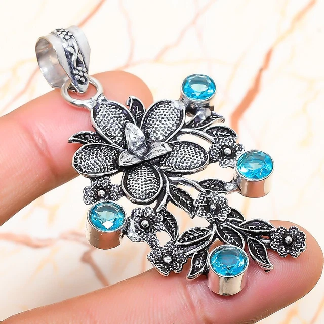 Swiss Blue Topaz Gemstone Handmade Gift Jewelry Pendant 2.56" S038