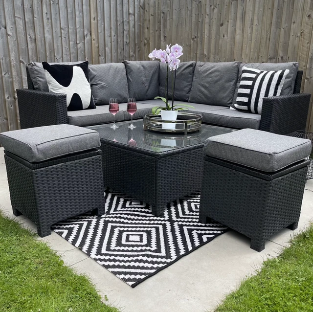 ALBA COMPACT OUTDOOR Rattan Corner Sofa Set with Coffee Table in Black
