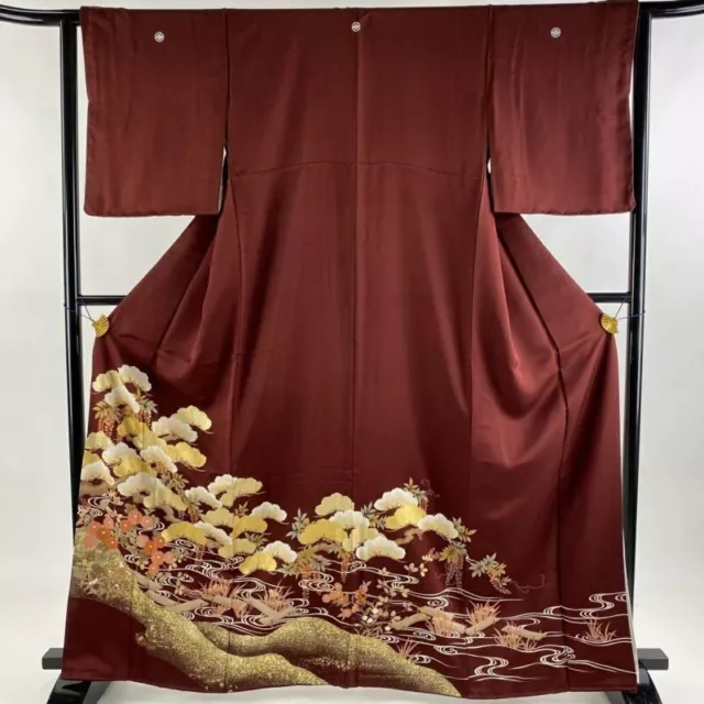 Woman Japanese Kimono Iro-Tomesode Silk PineTree Stream Gold Thread Foil DeepRed
