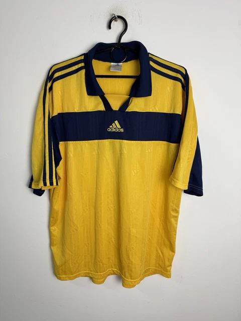 Vintage 1990s Adidas White Green Blue Colour Block Football Template T-Shirt M