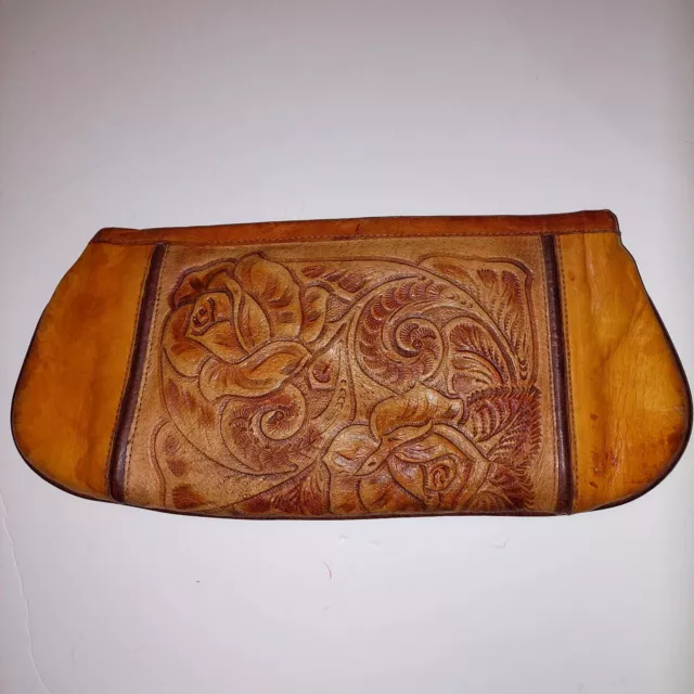 HAND TOOLED/CARVED LEATHER Roses Floral Clutch $31.50 - PicClick