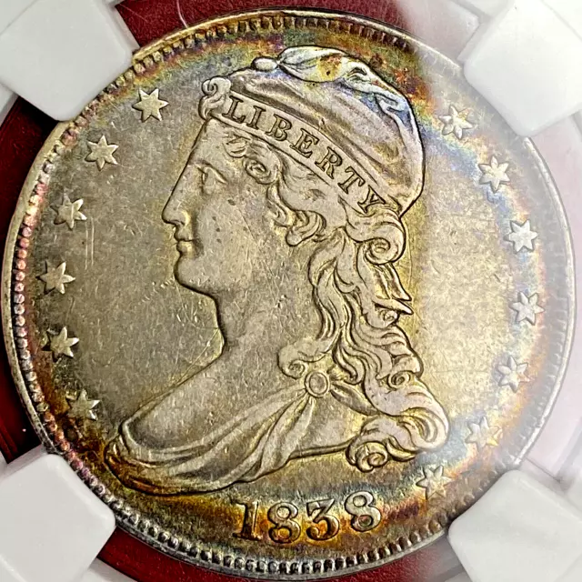 Ngc Xf-40 Rainbow Toning! 1838 Capped Bust Half, Reeded Edge