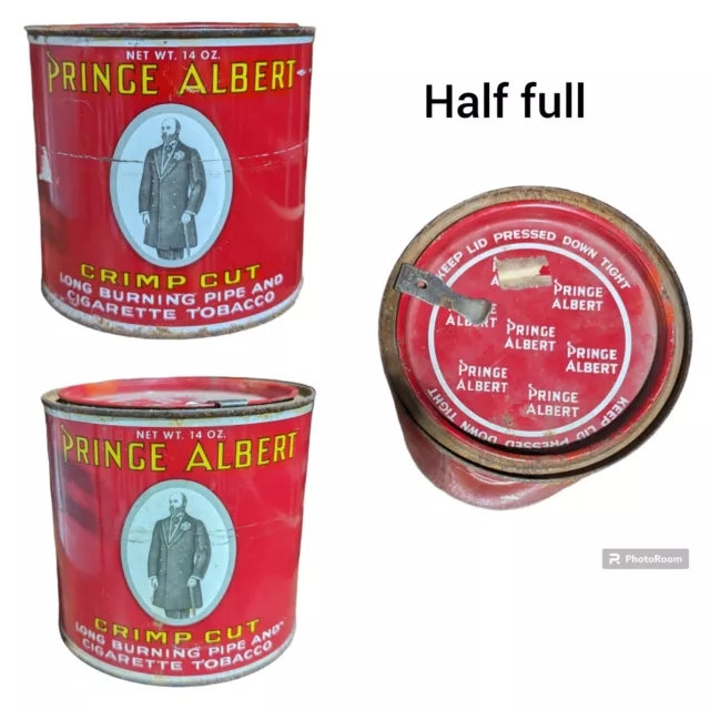 ANTIQUE PRINCE ALBERT CRIMP CUT TOBACCO TIN CAN With Lid And Half Full Still
