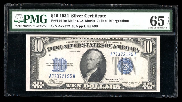DBR 1934 $10 Silver Mule Gem Fr. 1701m PMG 65 EPQ Serial A77372195A
