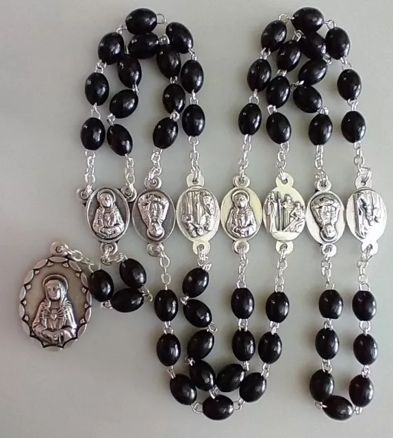 Catholic 7 Seven Sorrows of Mary Rosary Chaplet Silver Tone Mdl Black Wood Beads