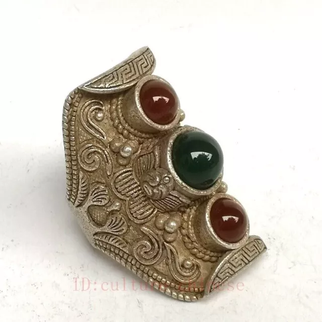 Chinese Tibet Silver Handmade Inlay Agate Jade Ring Ornament gift old Collection