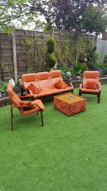 Three/four piece 1970s Rare Orange Tan settee and chairs designer g plan syle 3