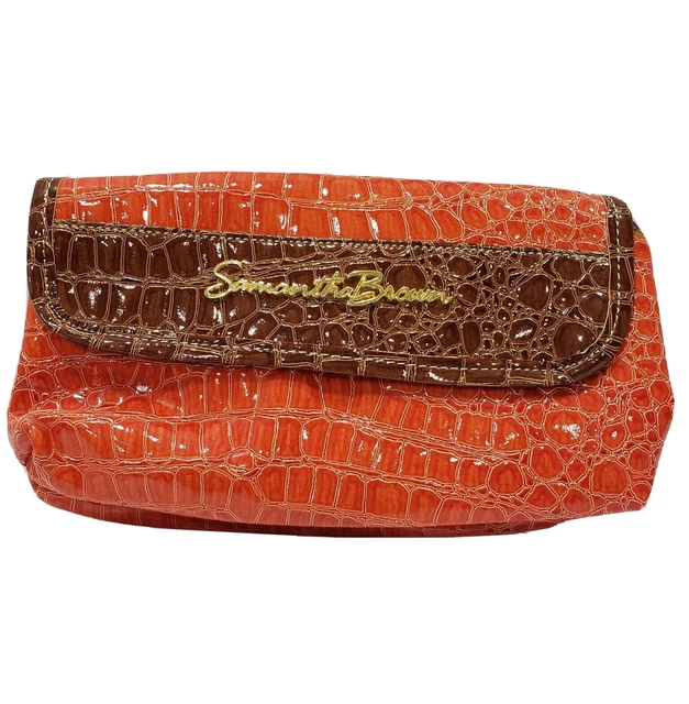 Cosmetic Bag Trifold Orange Brown PVC Embossed Croc Samantha Brown