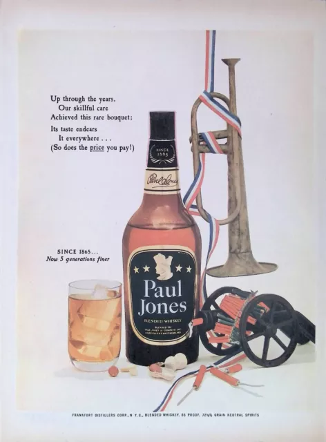 Print Ad 1950's Paul Jones Whiskey Bugle Cannon Frankfort Distillers Firecracker