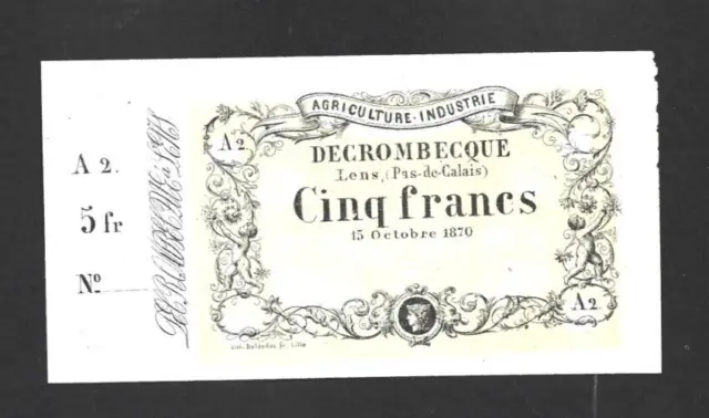 5 Francs  Unc Local  Banknote From France/Lens Pas De Calais  1870