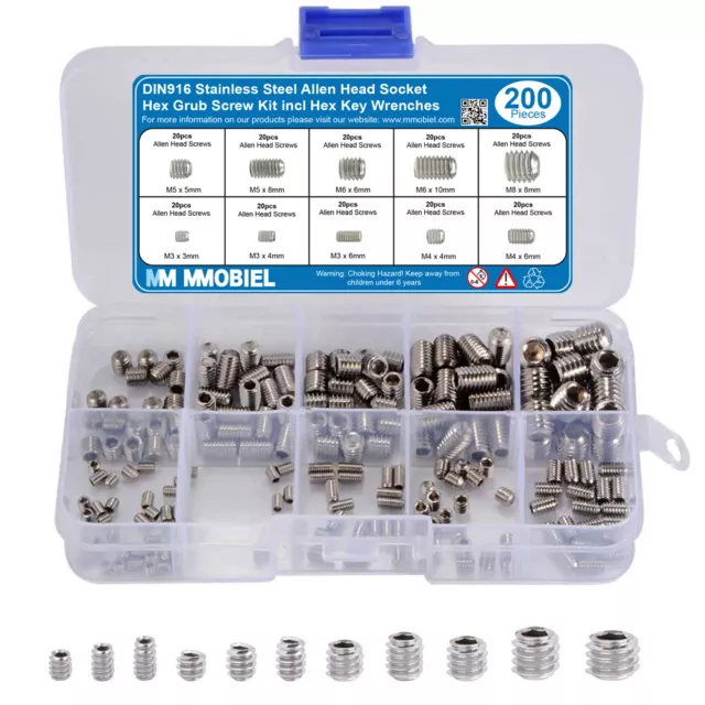 200pz DIN916 Acciaio inox M3 M4 M5 M5 M6 M6 M8 Kit di viti a brugola
