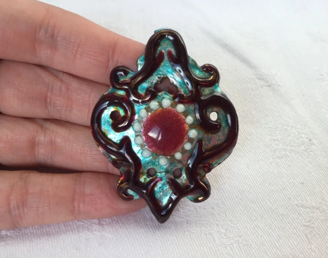 Pendentif Ancien émaillé Fleurs Bleues Signé Arnoux Limoges - Cuivre Et Verre