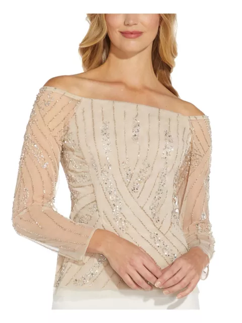 ADRIANNA PAPELL Womens Beige Sequined Lined Long Sleeve Off Shoulder Party Top 2
