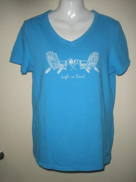 #610 Life is Good Crusher Tee Shirt Classic Fit Lounge Chair V Neck Blue M