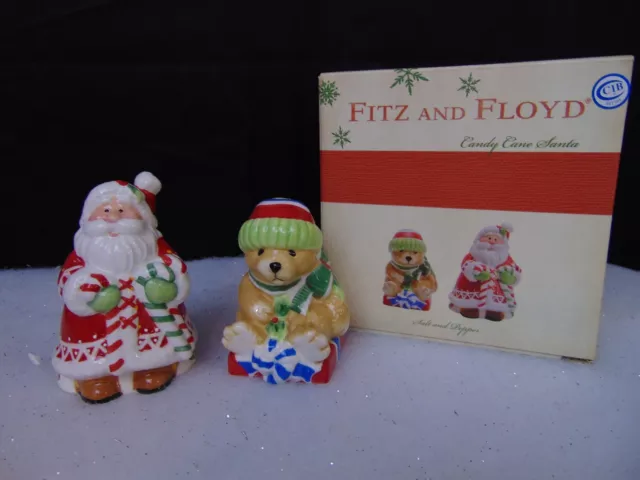Fitz & Floyd Candy Cane Santa Teddy Bear Salt & Pepper Shakers 49-294 NIB #C25