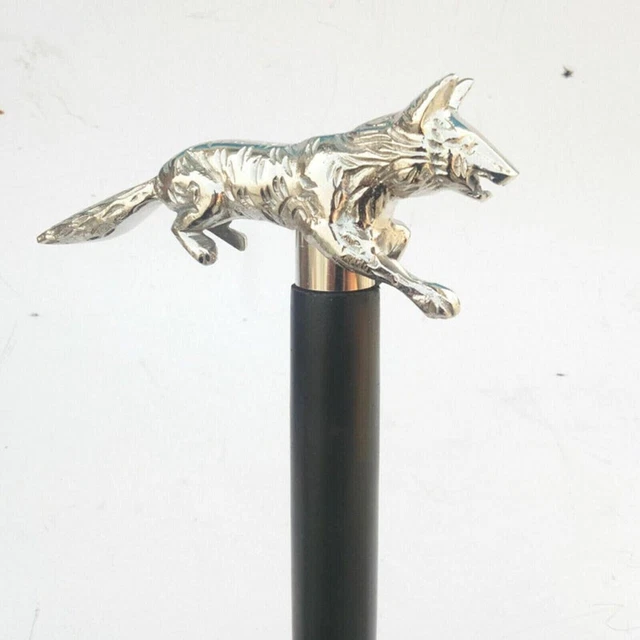 Victorian Brass FOX Head Handle Wooden Walking Stick Cane - Animal Head Wood