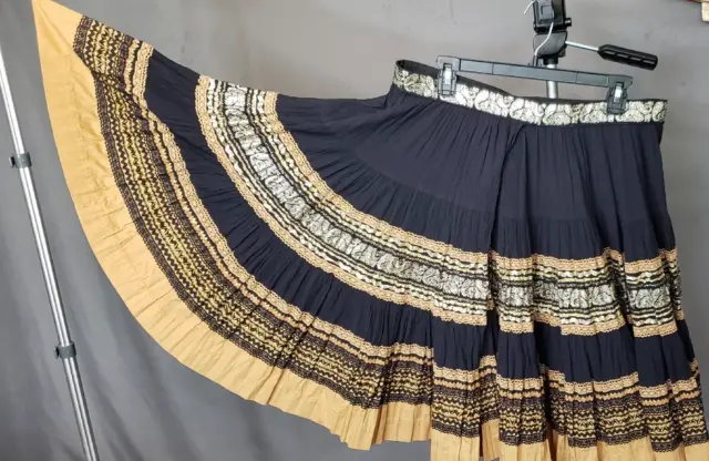 Vtg 50'S Black And Gold Circle Ribbon Skirt Large Unbranded