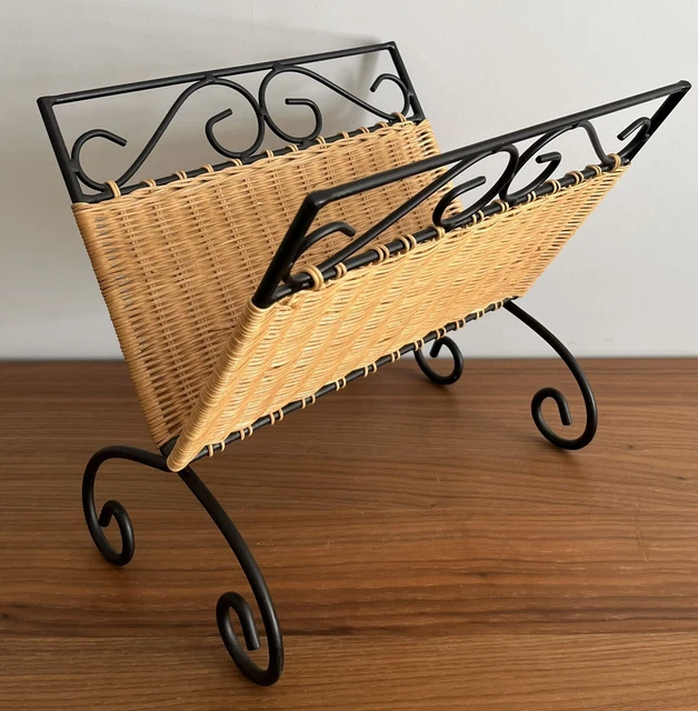 MAGAZINE RACK RETRO Wicker Folding Black Metal Woven Rattan Boho Record