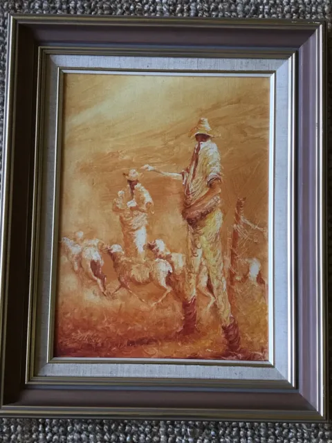 Original Oil Painting By Siegfried Schneider (1935-) Bushmen/ Drover & Sheep