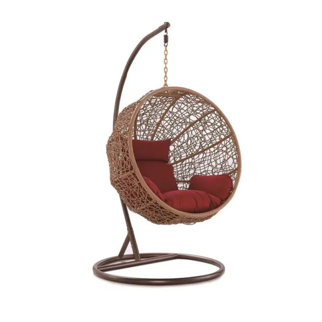 Zolo Modern Boho Metal Rattan Hanging Lounge Egg Patio Swing with Red Cushion