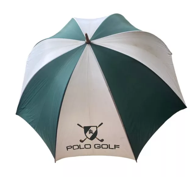 Vintage Ralph Lauren Polo Golf Umbrella Green white 35"  1970s wood handle