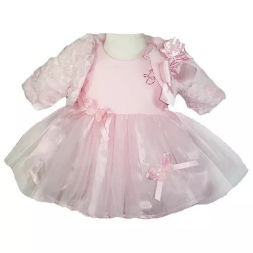 Robe Et Veste Fourrure Rose Neuf Bébé Filles Designer Little Darlings 24 Mnths