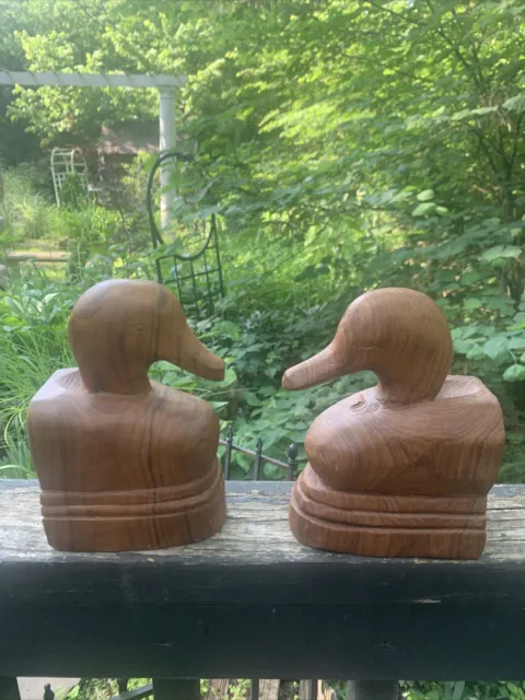 Norleans Vtg Wood Duck Book Ends Hand Carved Mallard Duck Head Made in Thailand