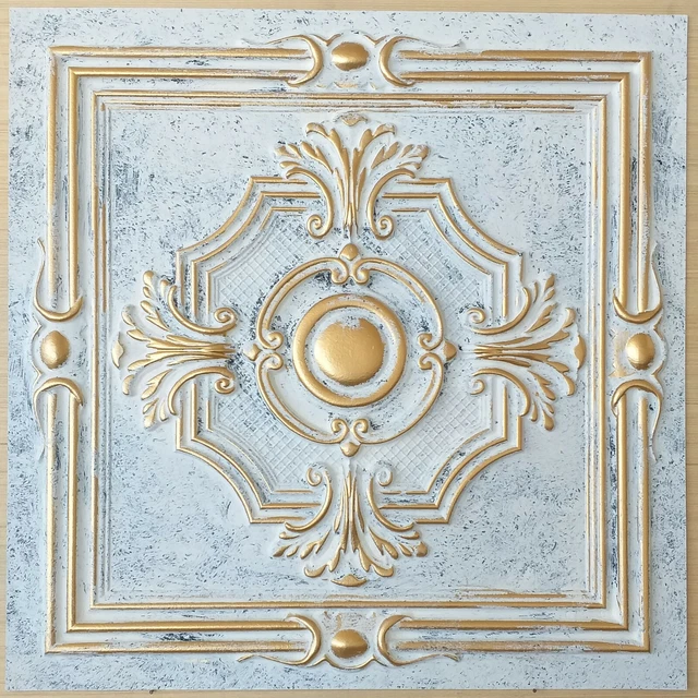 Faux tin vintage Ceiling tiles aged white gold decor wall panels PL38 10pcs/lot