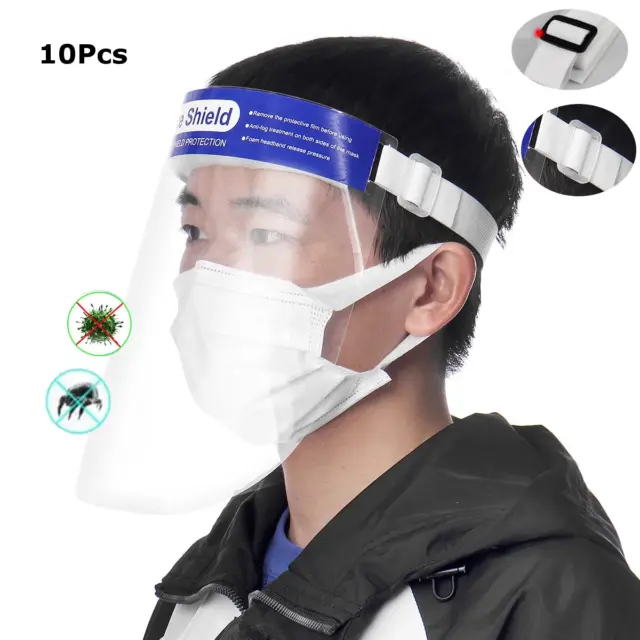 10Pcs Transparent Adjustable Full Face Shield Plastic Anti-Fog Anti-Spit Protect