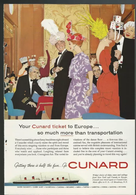 1960 CUNARD LINES advertisement, RMS Queen Elizabeth, Fancy Hat Party