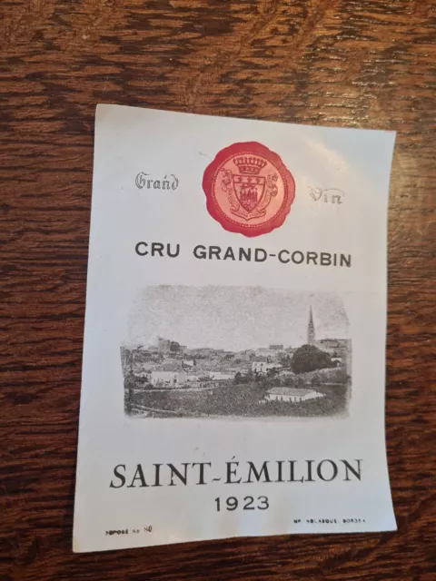 Ancienne Etiquette De Vin de Bordeaux Cru Grand-Corbin Saint-Emilion 1923 3