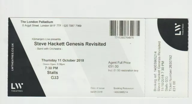 Steve Hackett Genesis Revisited Used Concert Ticket London 2018