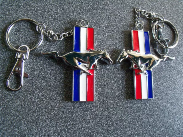 #9: ONE both sides red white & blue metal Mustang Horse Key Chain Ring Keychain