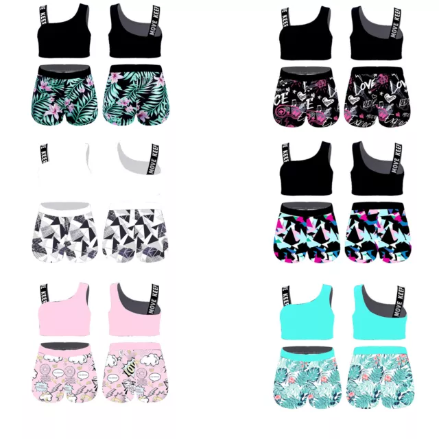 2PCS Kids Girls Sport Dance Outfit Crop Top Shorts Gym Yoga Sportswear Costume