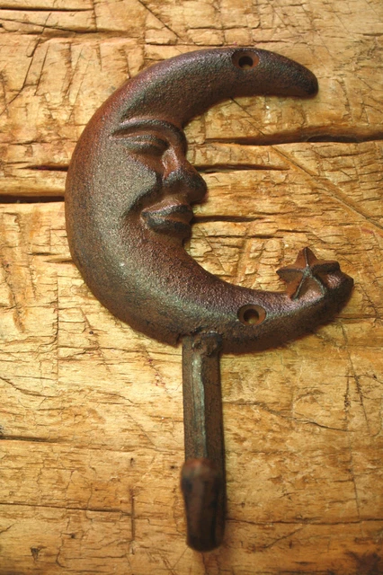 1 Cast Iron CRESCENT MOON Hat HOOK Coat Hooks Rack Towel STAR Key Holder