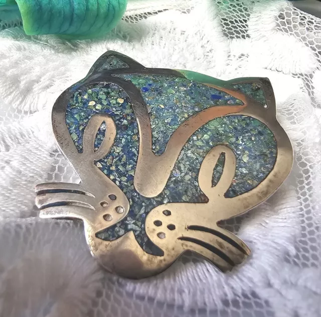 Broche Vintage Moderniste Tête De Chat Argent 925 Et Éclats De Turquoise Mexico