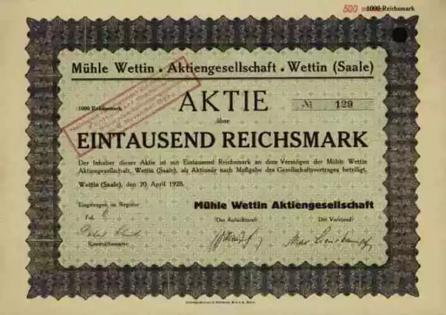Mühle Wettin Saale 1928 Sachsen Anhalt Dessau Gründeraktie Rarer Stempel 500 RM