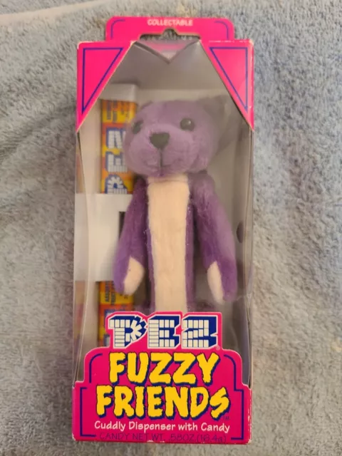 Pez Fuzzy Freinds Plush Purple Teddy Bear Candy Dispenser Mint in Box