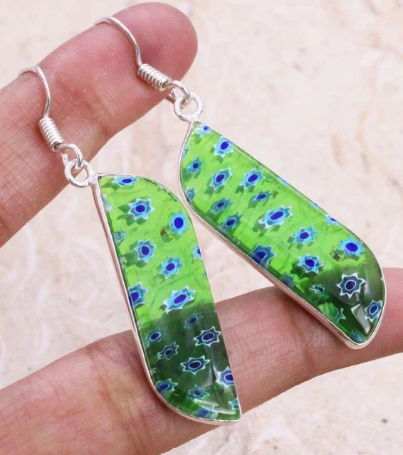 Dichroic Glass 925 Silver Plated Handmade Earrings of 2" Ethnic Gift