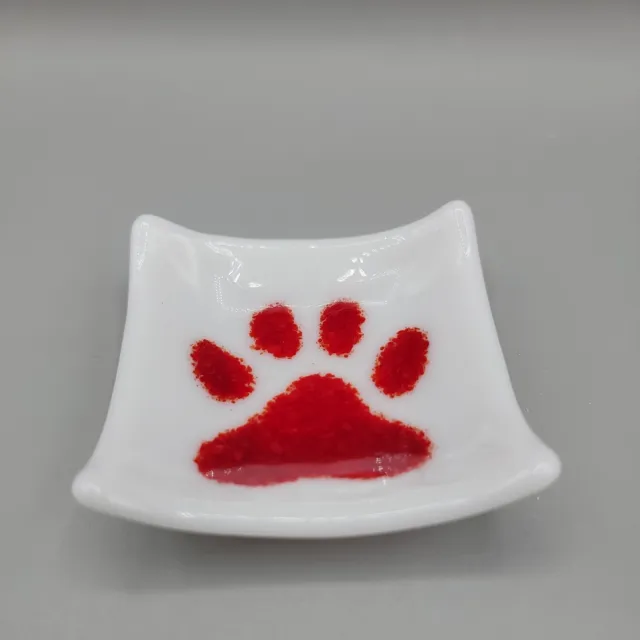 Fused ART GLASS Trinket Dish Milk Glass RED PAW PRINT, Signed