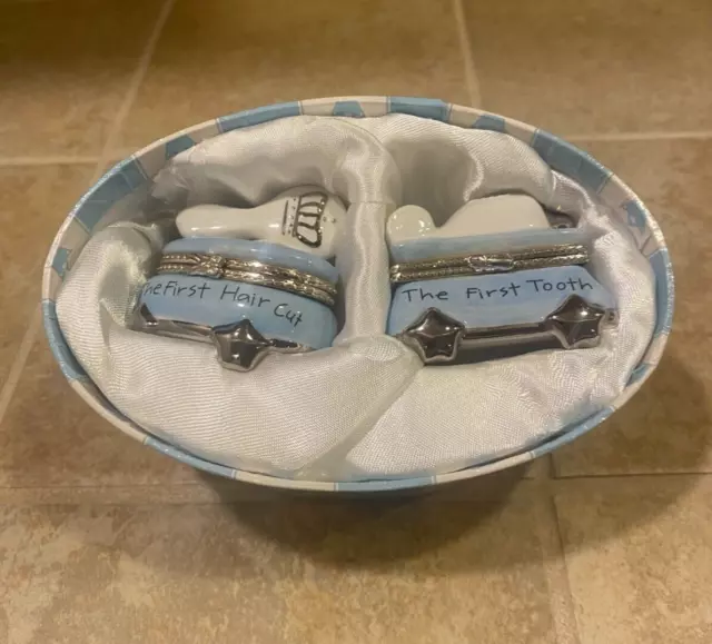 MudPie Prince Baby Boy 1st Tooth Hair Cut Trinket Boxes Set Of 2 Porcelain NEW