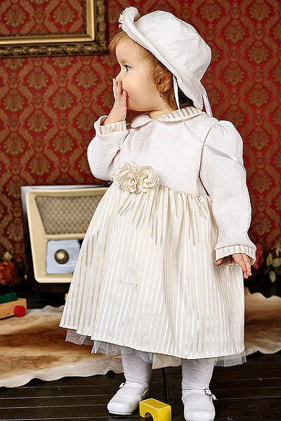 Abito da battesimo bambina (2pz) vestito cerimonia femminuccia beige lino  c 750