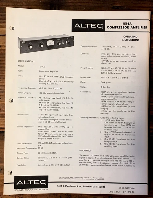 ALTEC MODEL 1591A Compressor Owner / Operating Manual *Original* #2 £25 ...